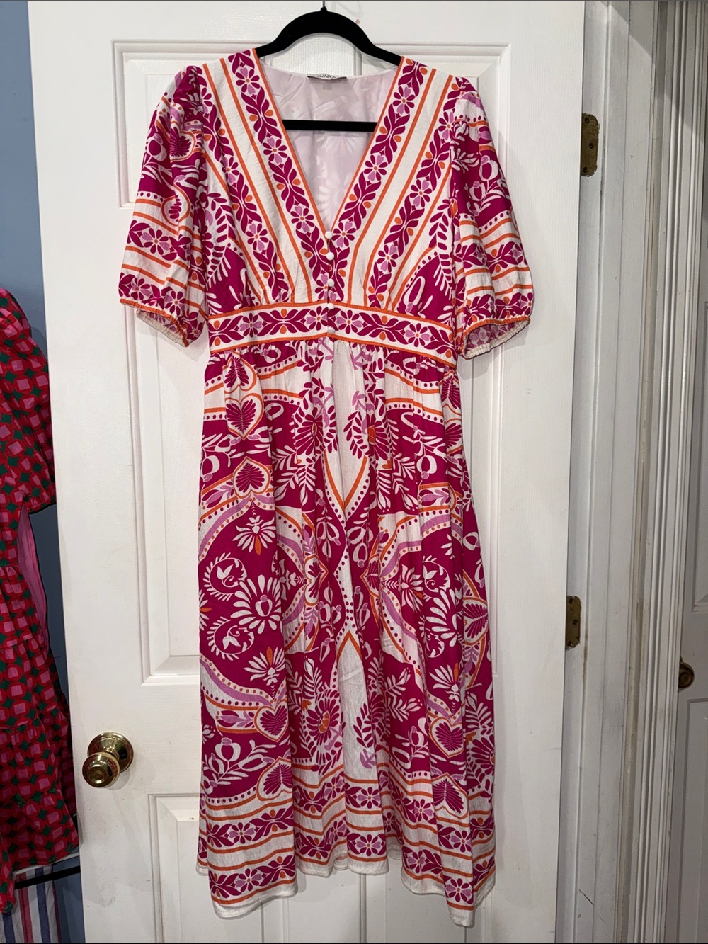 Boho Pink Floral V-Neck Midi Dress